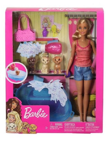 BARBIE SET CON 3 CUCCIOLI, VASCA E ACCESSORI