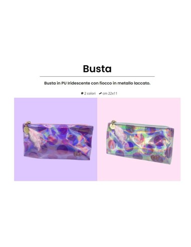 BUSTINA IRIDESCENTE CON CERNIERA E FIOCCO IN METALLO LACCATO