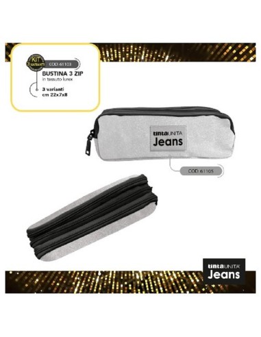 ASTUCCIO BUSTINA 3 ZIP TINTA UNITA JEANS LAMINATO ARGENTO