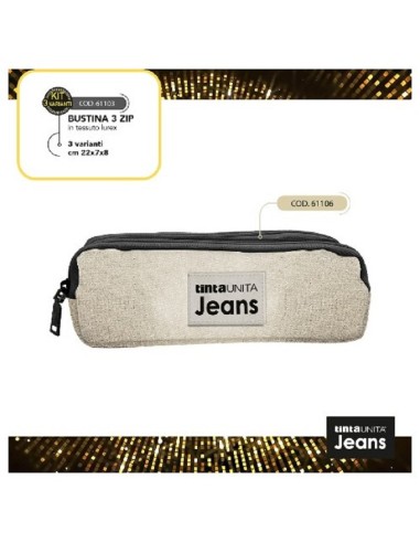 ASTUCCIO BUSTINA 3 ZIP TINTA UNITA JEANS LAMINATO CHAMPAGNE GLITTER