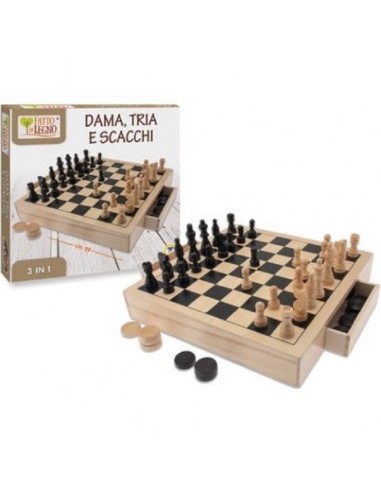 SET 3 GIOCHI IN UNO IN LEGNO DAMA, TRIA, SCACCHI