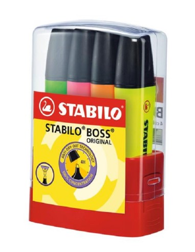 EVEDENZIATORI STABILO BOSS ORIGINALE CONF. DA 4 CON BASE DA SCRIVANIA